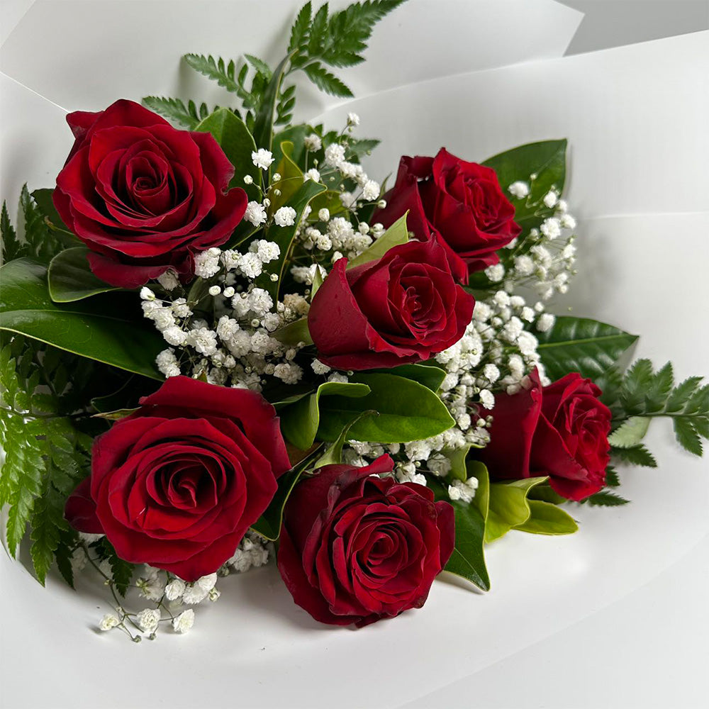 6 Red Roses & Babies Breath Bouquet