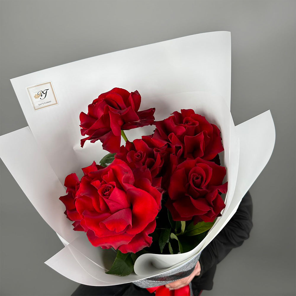 6 Reflexed Red Roses - Bouquet (Optional Rose Colours)