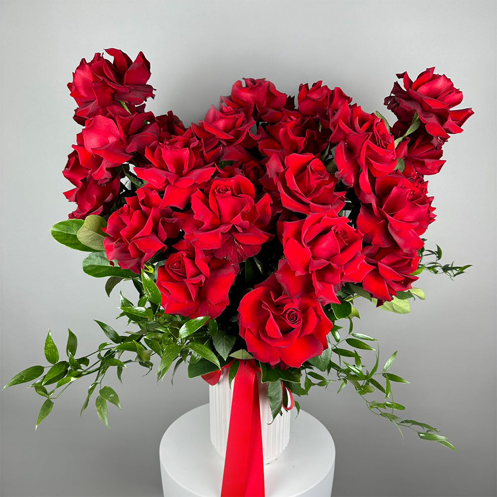 24 Reflexed Red Roses - Ceramic Pot (Optional Rose Colours)