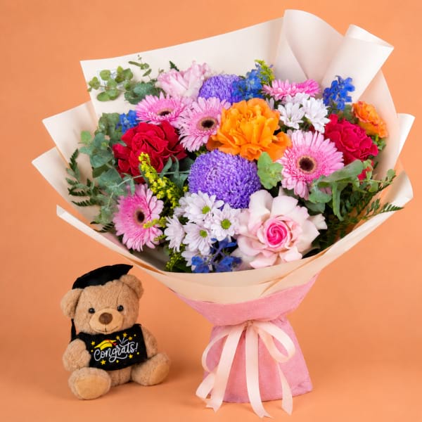 Joyful Blooms Graduation Bouquet + Graduation Bear