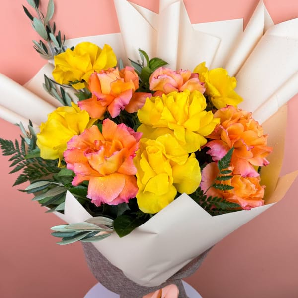 12 reflexed orange and yellow roses 2