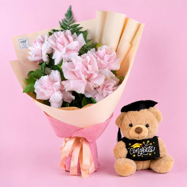 Pink Graduation 6 Rose Bouquet + Graduation Bear