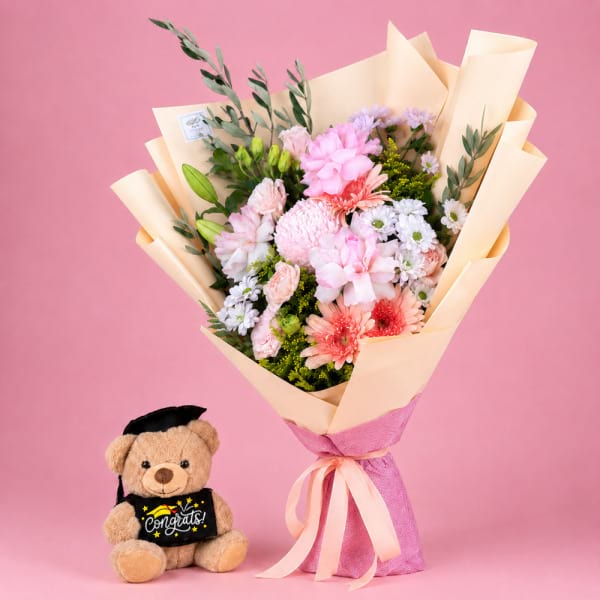 Soft whispers graduation bouquet + Graduation Bear