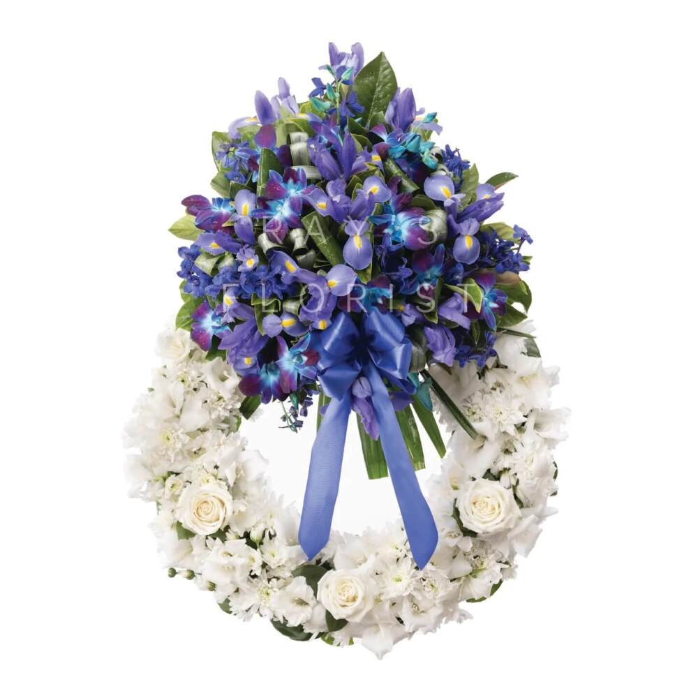 Premium Blue & Purple Spray Funeral Wreath with White Base