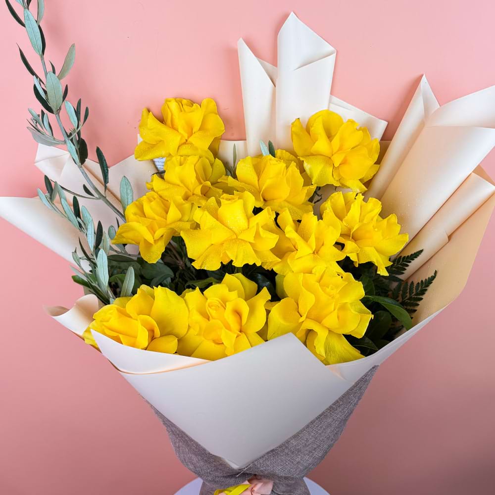 12 Reflexed Yellow Roses Bouquet