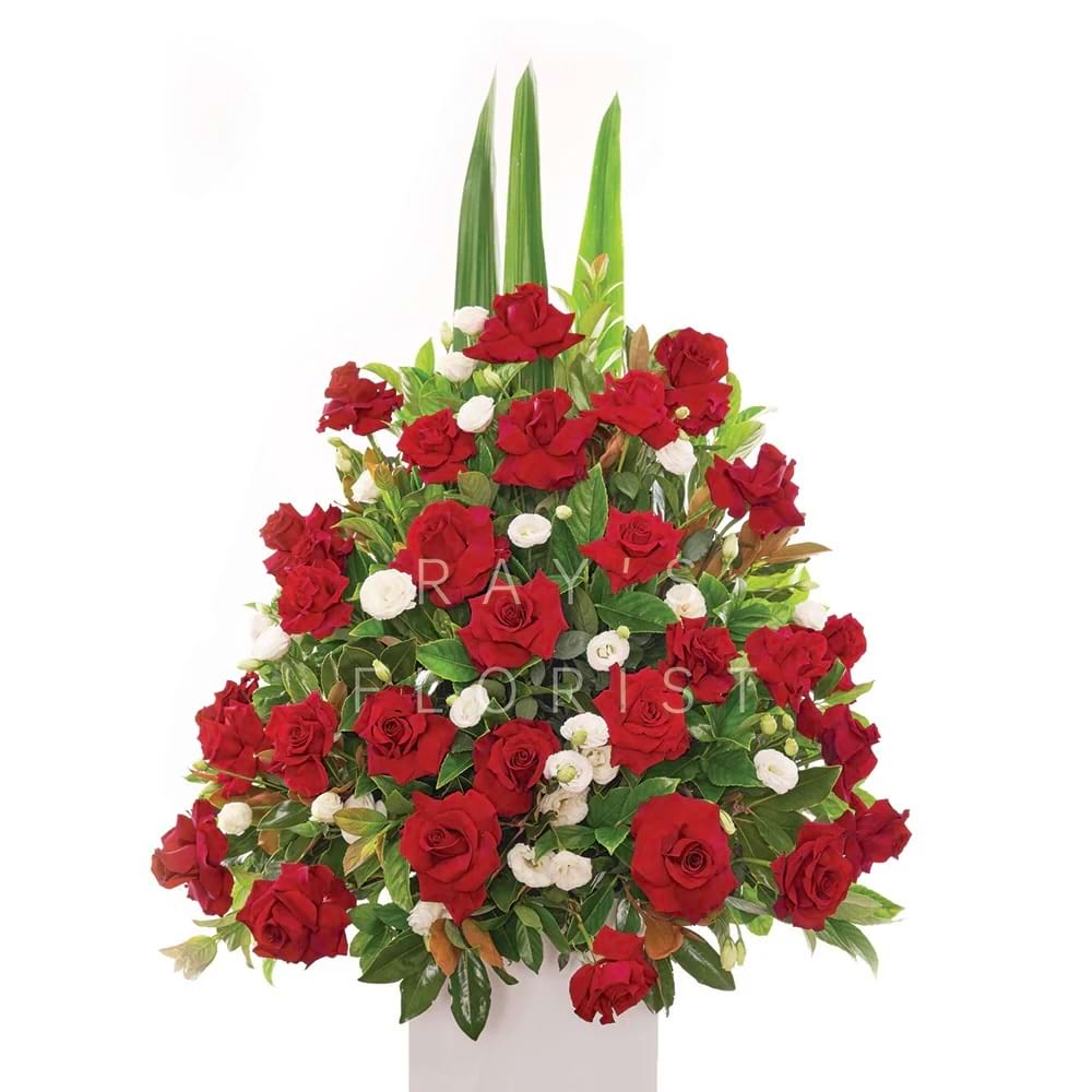 Traditional Red Rose and White Lisianthus Bowl Arrangement
