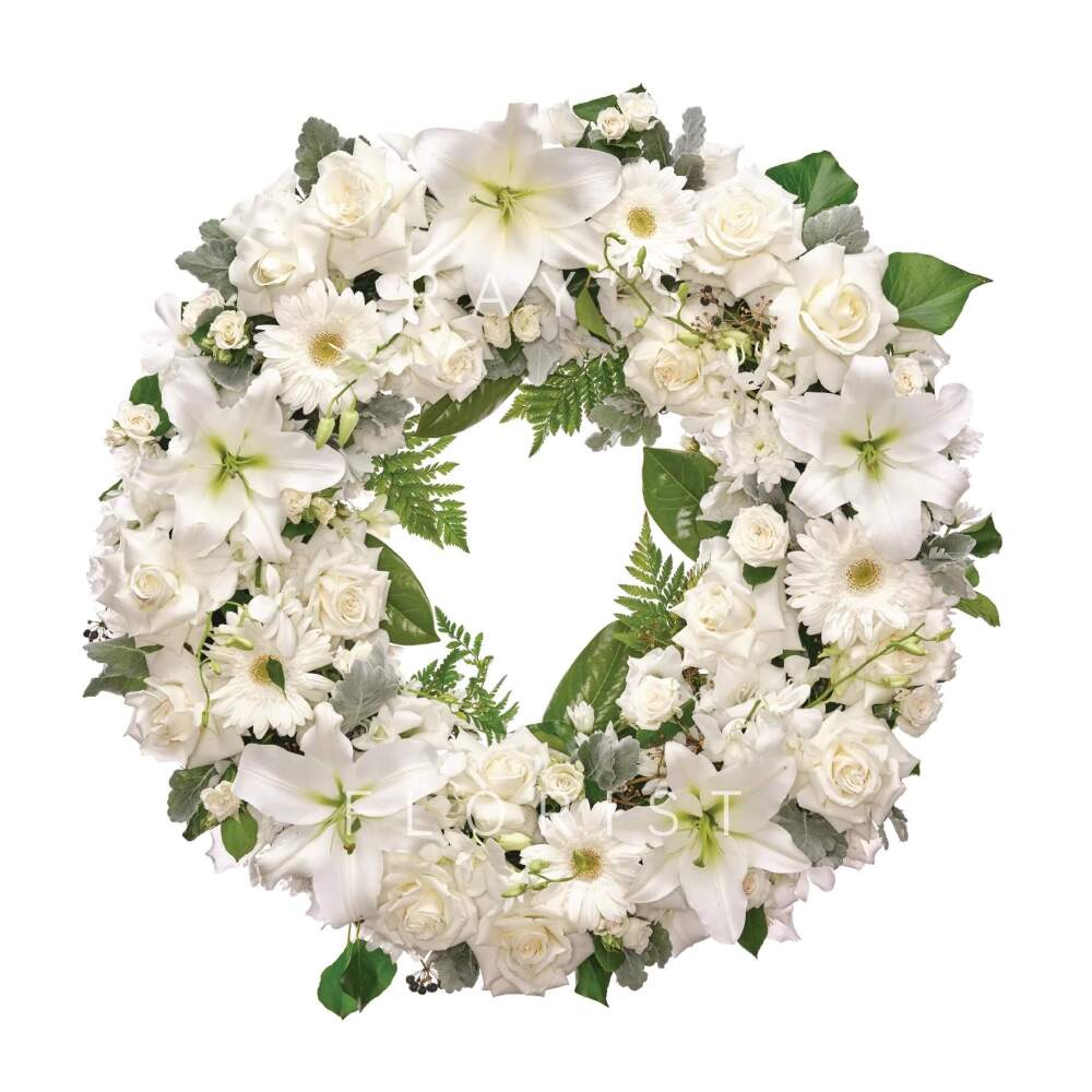 Premium White Funeral Wreath with Seasonal Flowers