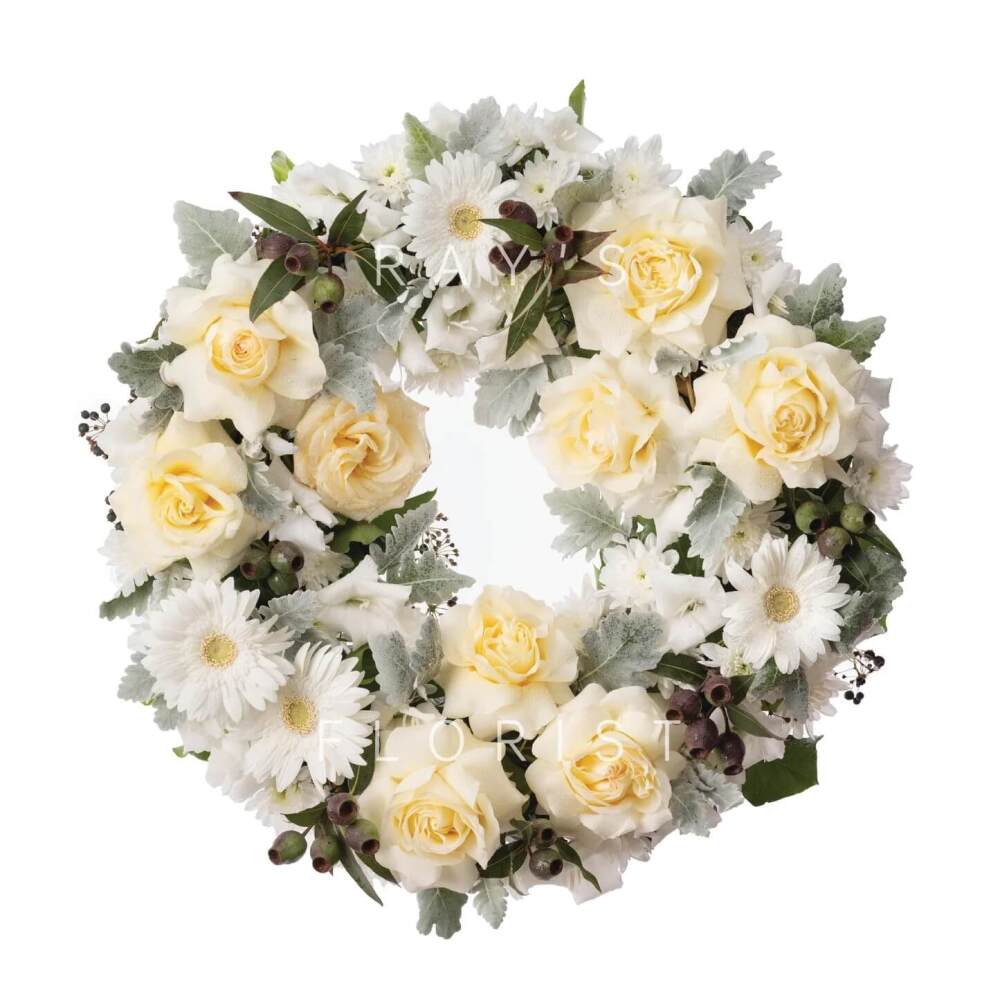 Funeral Wreath with Candlelight Roses, Seasonal Flowers & Gum Nuts