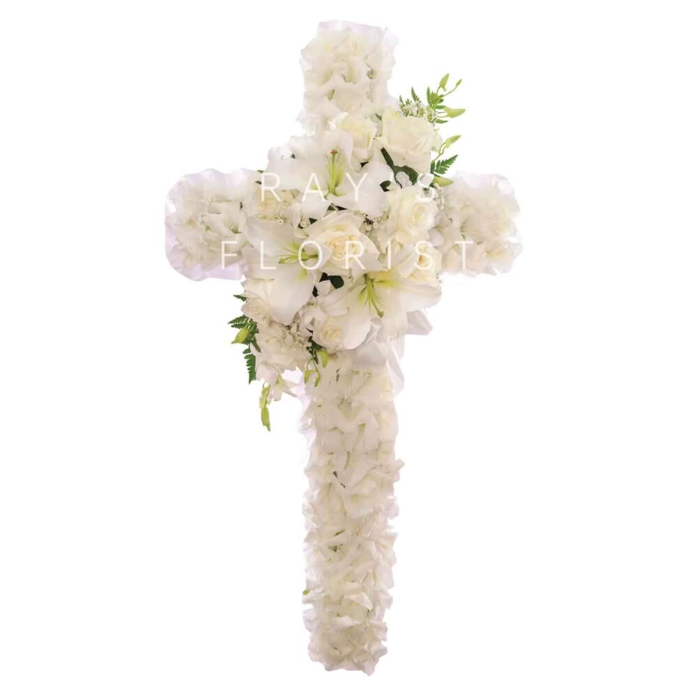 White Cross Funeral Tribute with Seasonal Spray