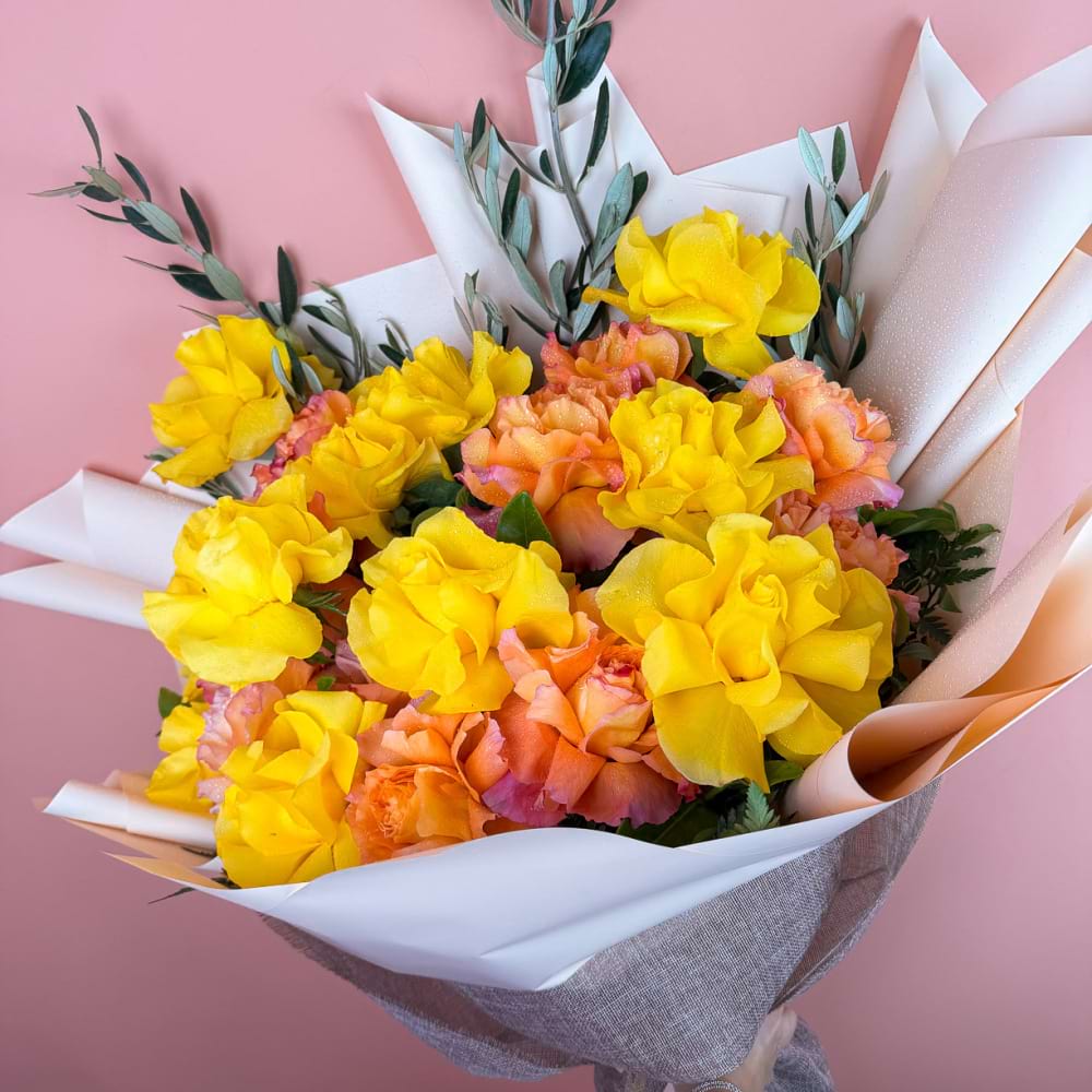 24 Reflexed Orange & Yellow Roses Bouquet