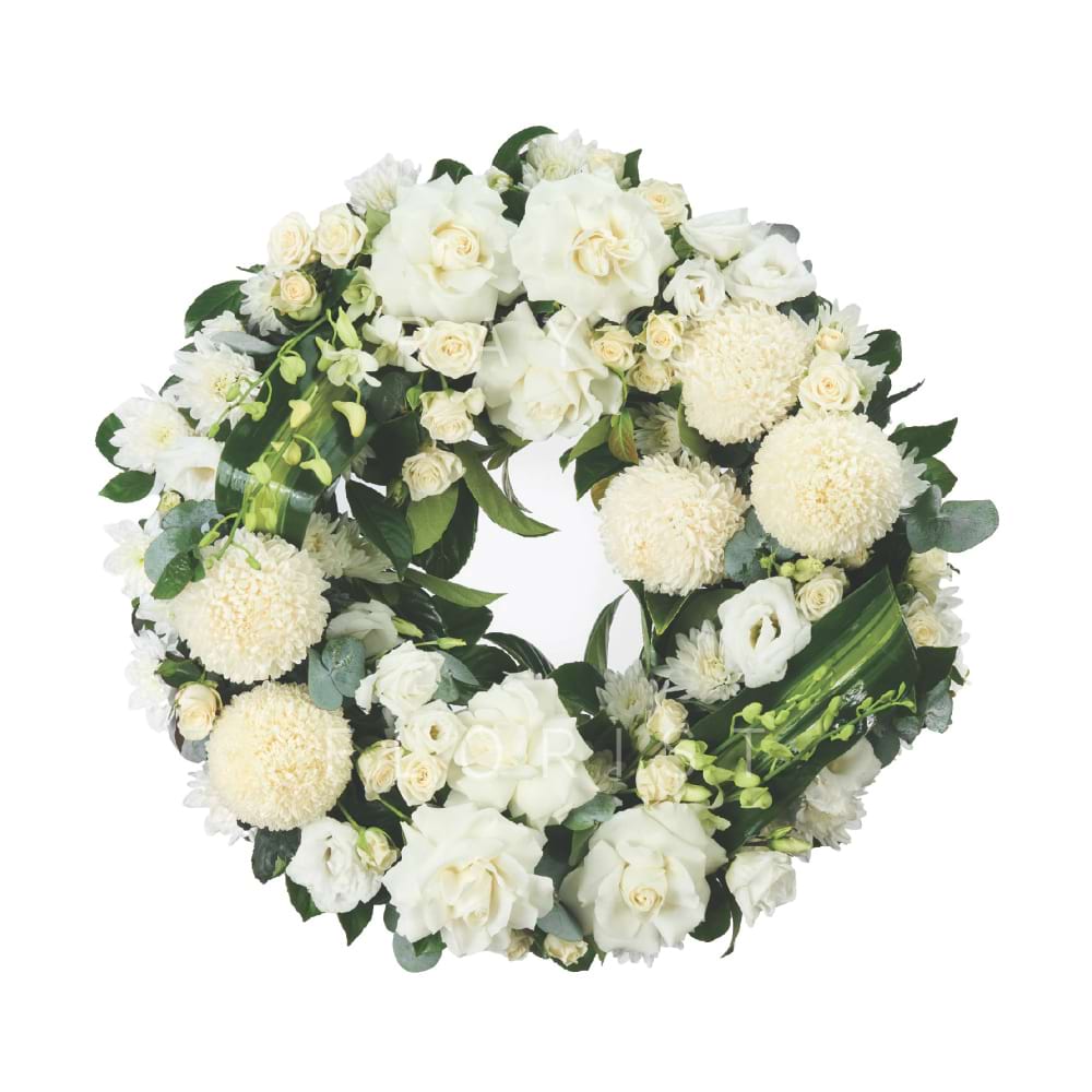 Designer White Funeral Wreath – Seasonal Mix