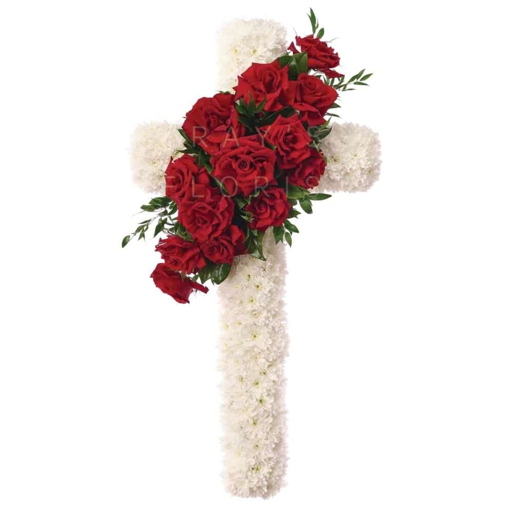 White Cross Funeral Tribute with Red Rose Spray