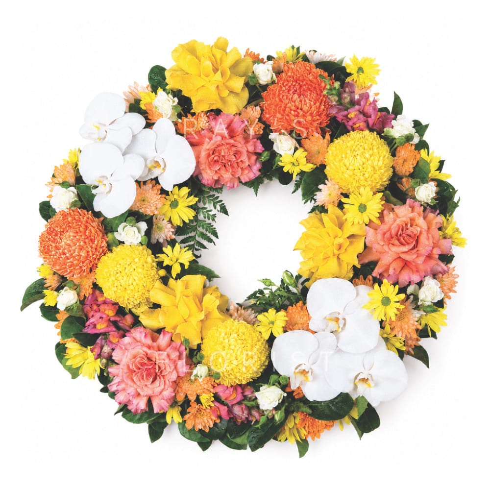 Designer Yellow, Orange & White Funeral Wreath with Phalaenopsis Orchids
