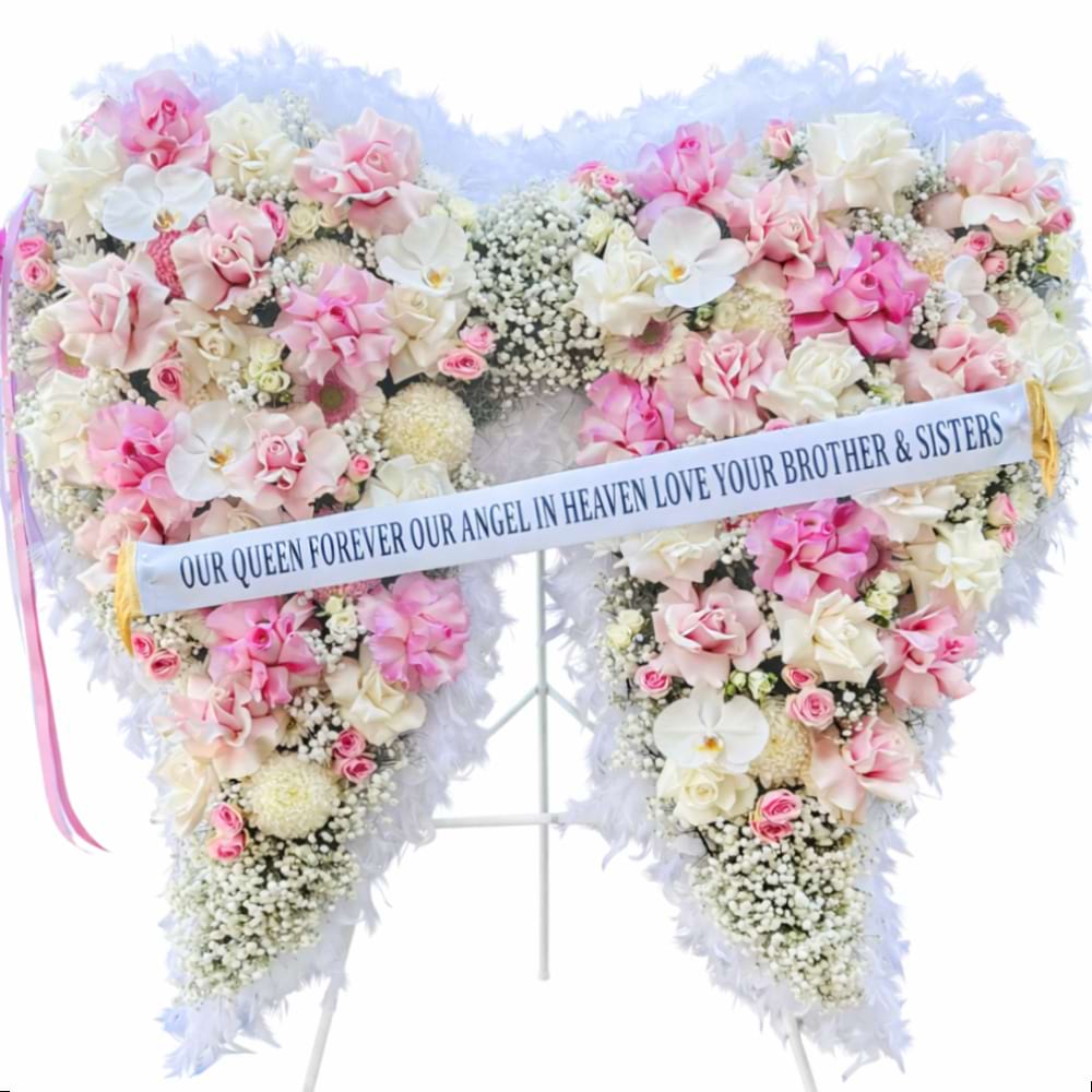 Pink & White Angel Wings Funeral Tribute – Extra Large
