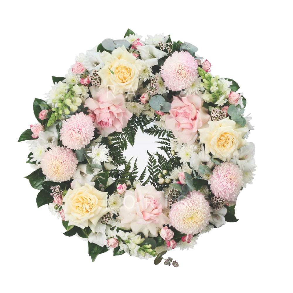 Designer Pastel Funeral Wreath with Seasonal Flowers