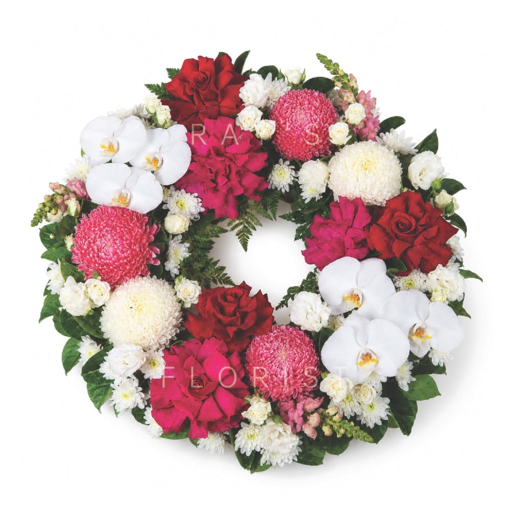 Designer Red, Hot Pink & White Funeral Wreath with Phalaenopsis Orchids