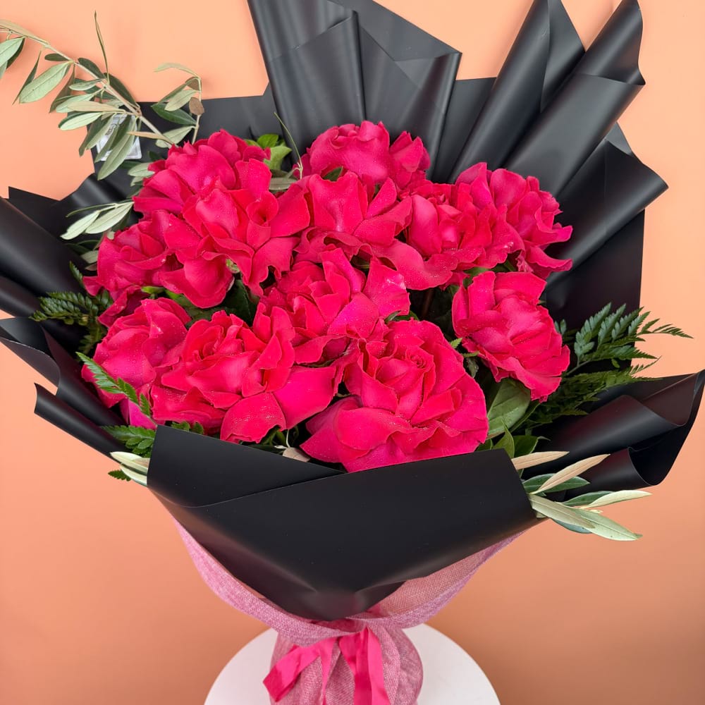 12 Reflexed Hot Pink Roses Bouquet