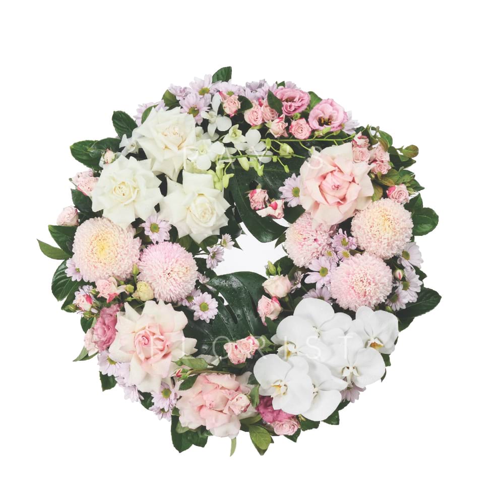 Designer Pink & White Funeral Wreath with Phalaenopsis Orchids