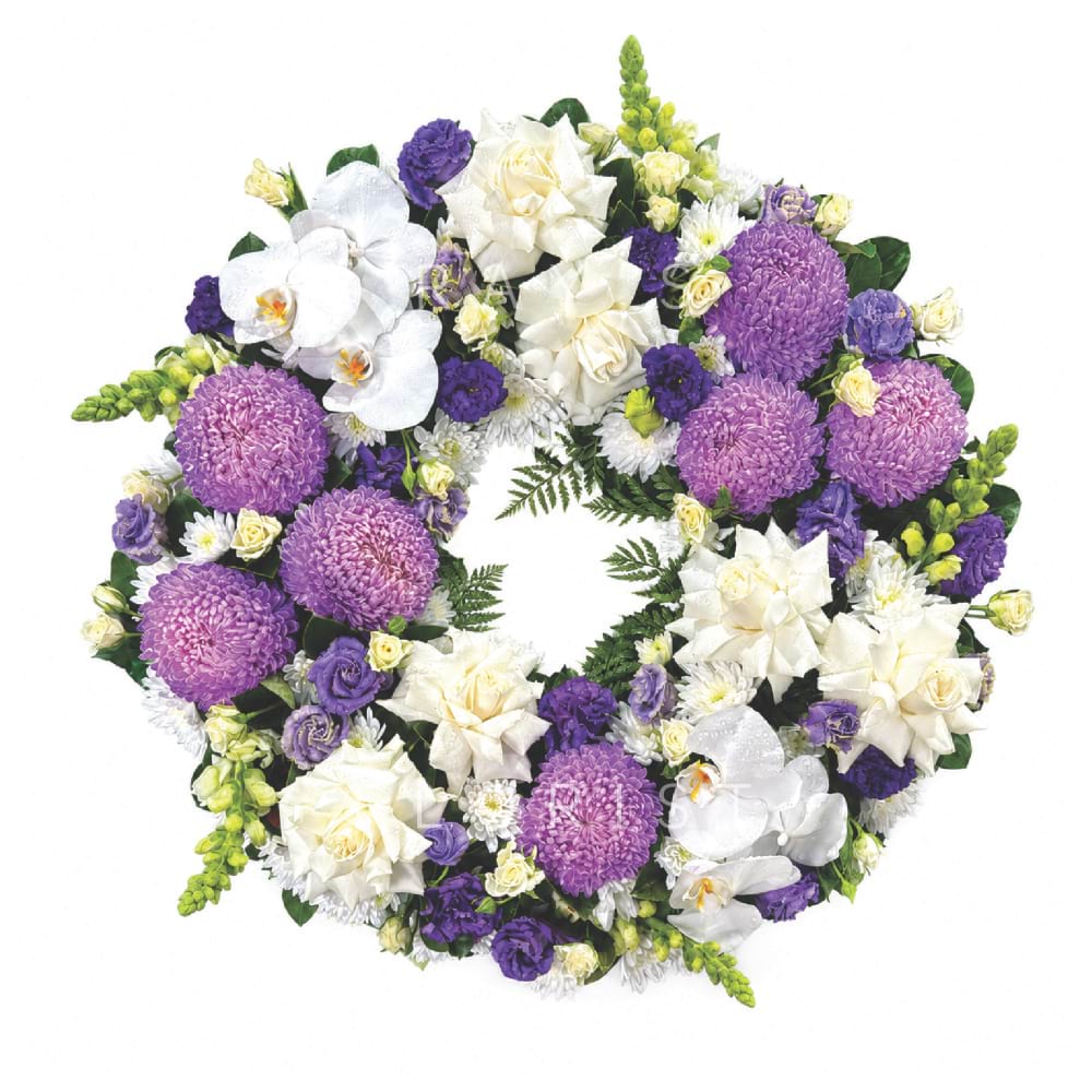 Designer Purple & White Funeral Wreath with Phalaenopsis Orchids
