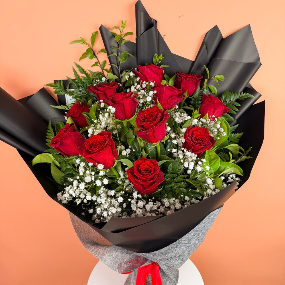 12 Red Roses & Babies Breath Bouquet