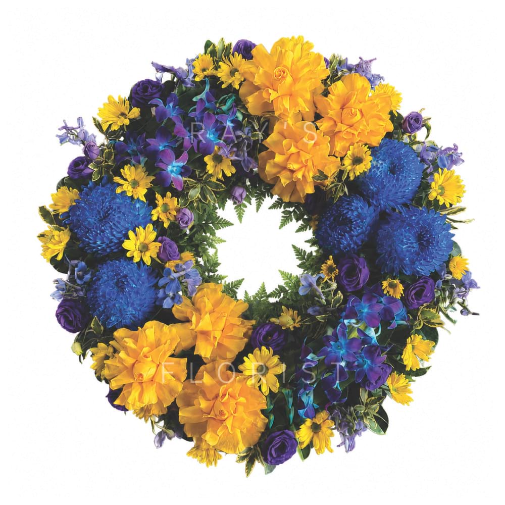 Designer Blue, Yellow & Purple Funeral Wreath with Orchids