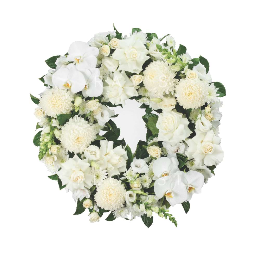 Designer White Funeral Wreath with Phalaenopsis Orchids