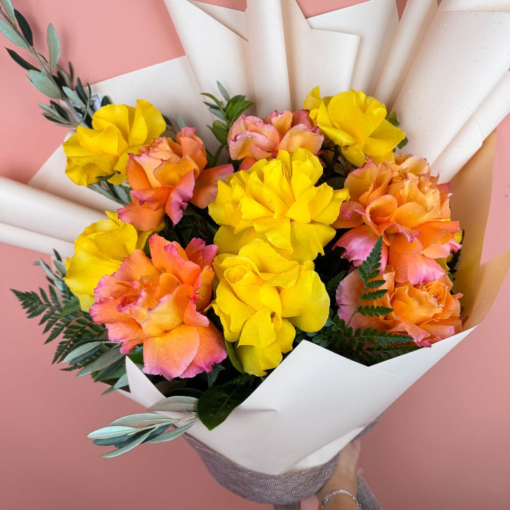 12 Reflexed Orange & Yellow Rose Bouquet