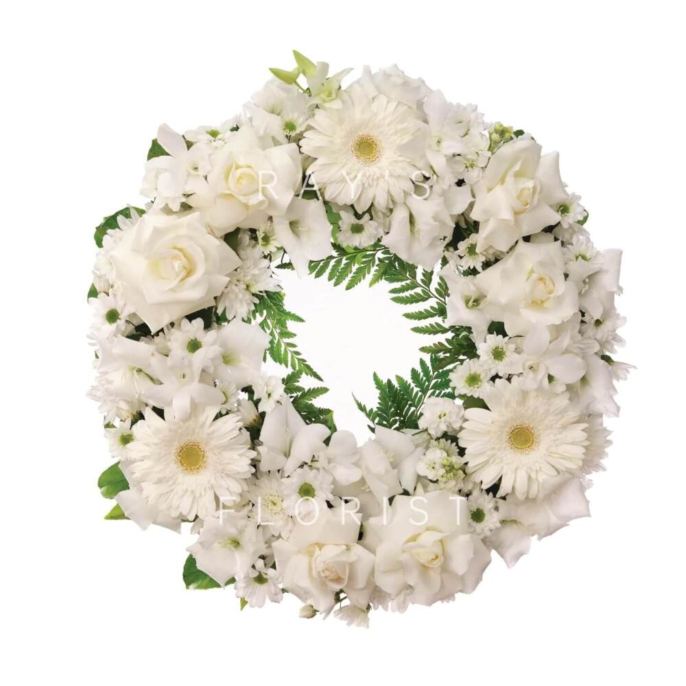 Classic White Funeral Wreath with Seasonal Flowers